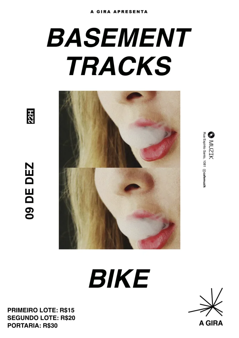 Basement Tracks x BIKE Poster – Smoke and Split Frames by Rodrigo Baumgratz This poster for a Basement Tracks and BIKE show at Café Muzik captures the underground spirit of São Paulo’s independent music scene. Rodrigo Baumgratz uses a raw split-frame composition of lips exhaling smoke, emphasizing duality, repetition, and a sense of restless intimacy. The minimal white space design contrasts with the visceral photograph, creating a striking contemporary aesthetic. Perfect for portfolios exploring experimental graphic design, music posters, and the intersection of photography and typography in cultural promotion.