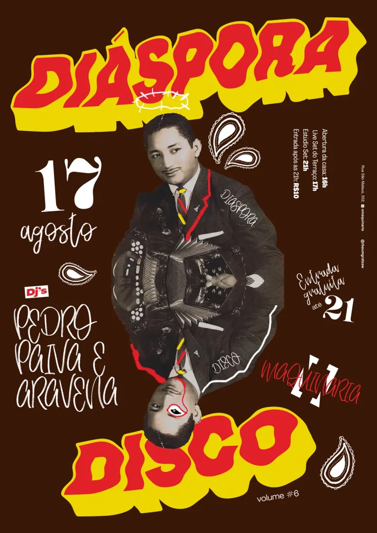 Diaspora Disco Poster – Bold Collage & Typography Design by Rodrigo Baumgratz This poster for Diaspora Disco Vol. 6 embraces a raw and playful aesthetic, designed by Rodrigo Baumgratz. Mixing archival photography, vibrant collage, and hand-drawn interventions, the piece highlights themes of diaspora, memory, and rhythm. With its bold yellow and red typography, mirrored portrait, and textured details, the artwork channels a fusion of vintage Brazilian graphic culture and contemporary design experimentation. Perfect for portfolios focusing on poster art, cultural identity, music design, and visual narratives of the diaspora experience.