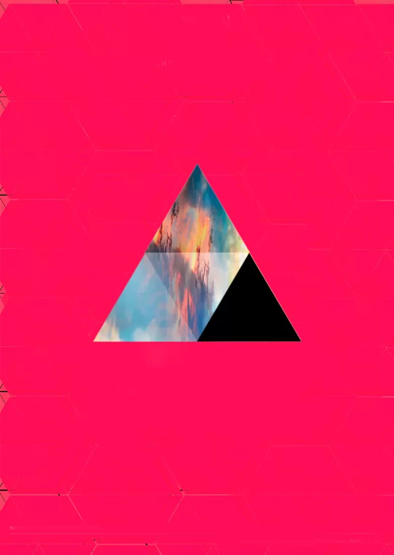Cartaz rosa com triângulo no meio com foto abstrata do céu dentro