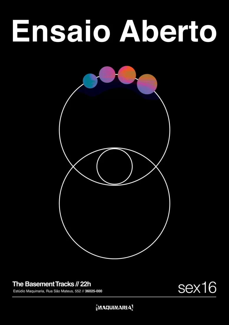 Cartaz preto com desenho de um agroglifo conhecido. Três círculos, dois maiores se cruzando e um menor na intersecção formando o desenho de um olho. Escrito: Ensaio Aberto - The Basement Tracks