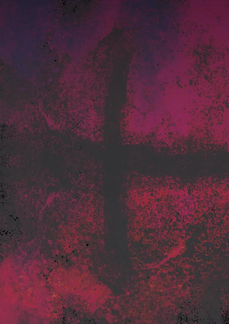 Textura vermelha, baseada em imagens de microscópio, faz o formato de uma cruz em meio à um mar vermelho. Escrito: