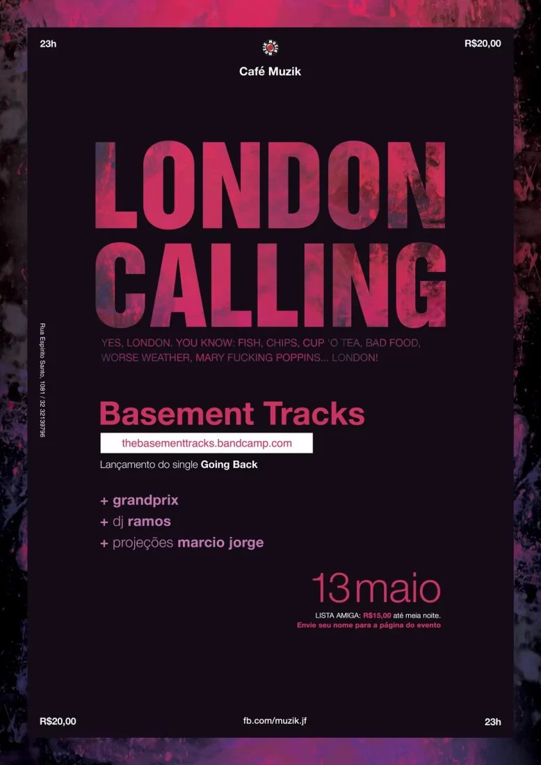 Textura rosa e roxa feita por Rodrigo Baumgratz. Escrito: London Calling. Basement Tracks, lançamento do single Going Back