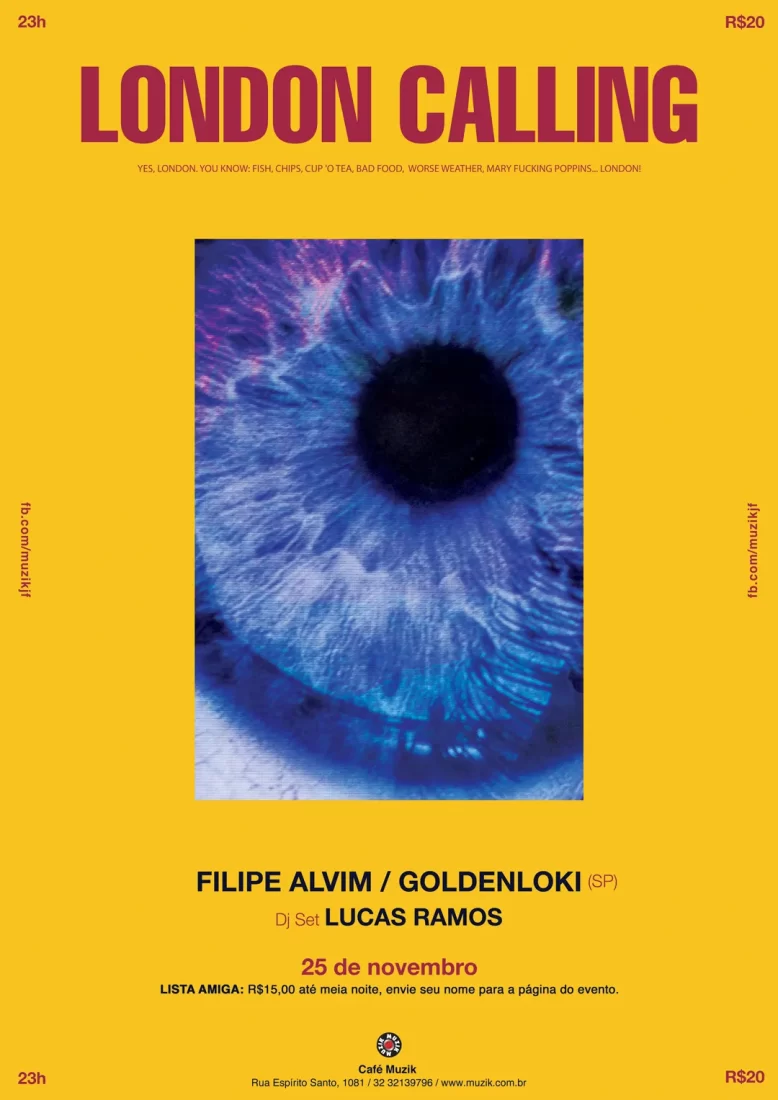 cartaz amarelo com olho azul no meio. London Calling escrito em vermelho