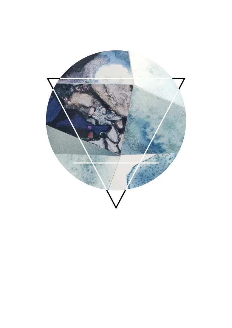 MALDITAS Círculo com textura em tons de azul e pedra captada à partir de uma escultura de Ingryd Lamas contida dentro de um círculo com o símbolo alquímico do vento por cima: Um triângulo de cabeça pra baixo com um traço.