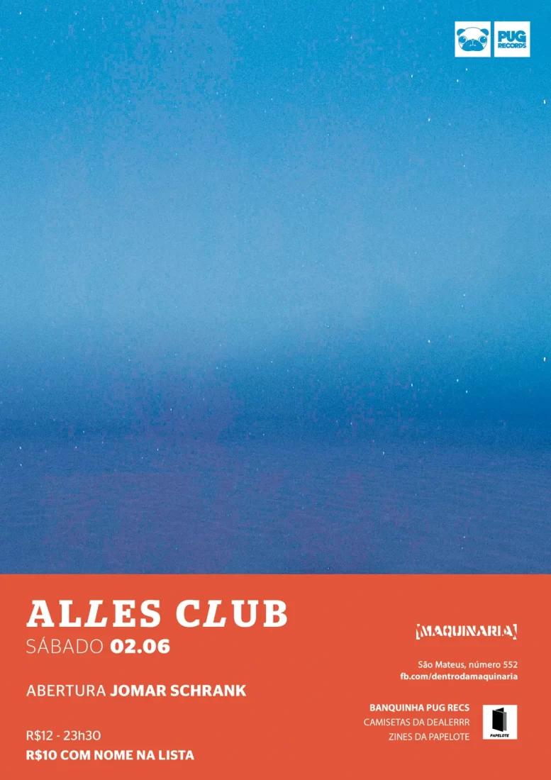 Textura de céu misturada com mar feita por Rodrigo Baumgratz para a capa do Disco Quanto Tempo da Alles Club. Cor azul. Em baixo uma faixa laranja com as informações do show. Alles Club no Maquinaria. 