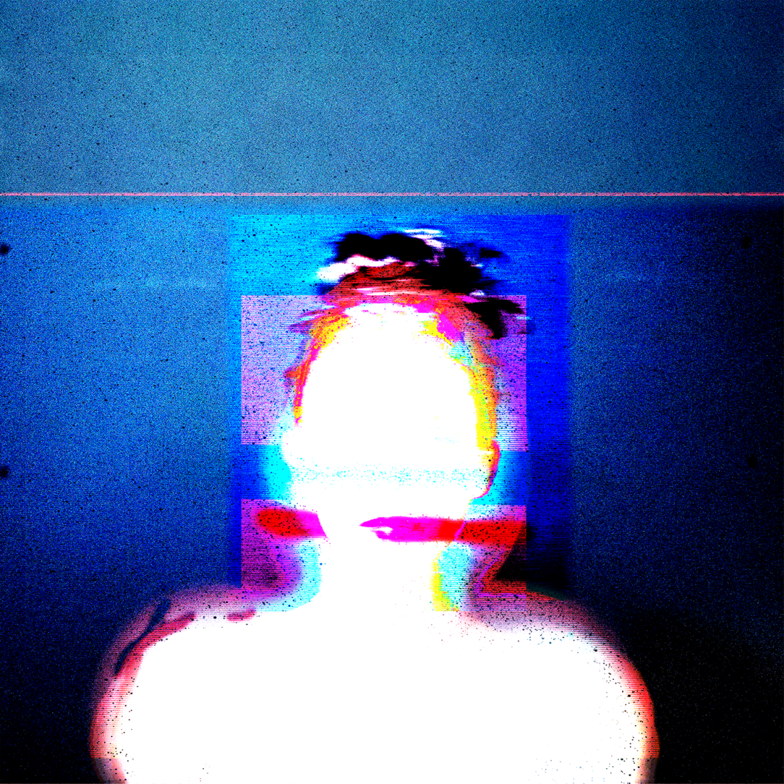 The silhouete of a woman, the background its blue and has a glitch effect. The silhouete is white and the face is a little blurred