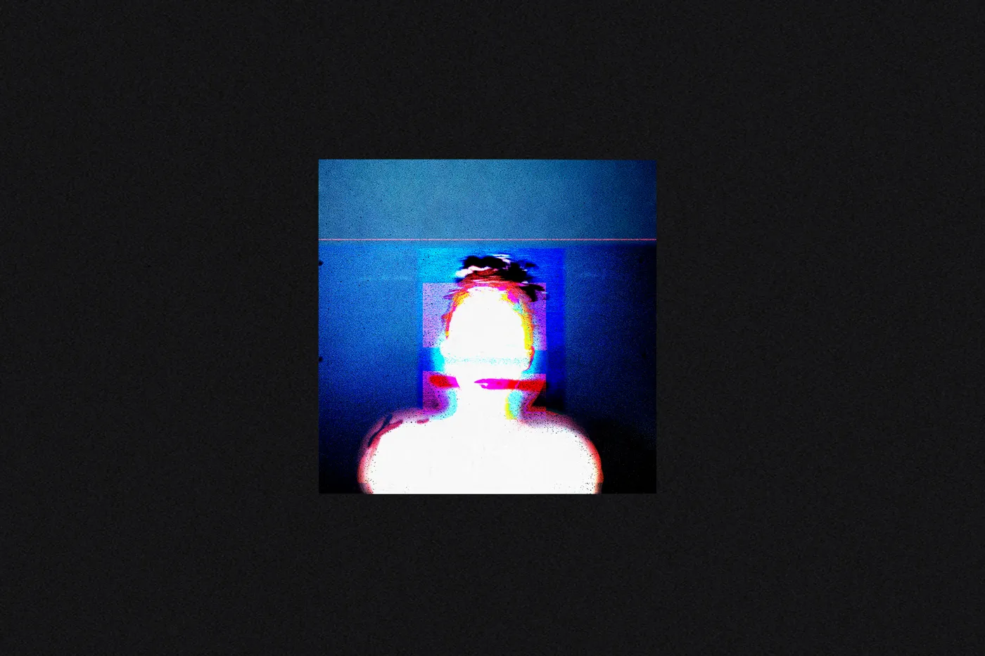The silhouete of a woman, the background its blue and has a glitch effect. The silhouete is white and the face is a little blurred
