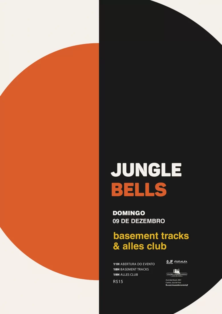 Cartaz estilo bauhausiano com os dizeres Jungle Bells, Alles Club & Basement Tracks no Museu Ferroviário, etc. Preto, creme e laranja