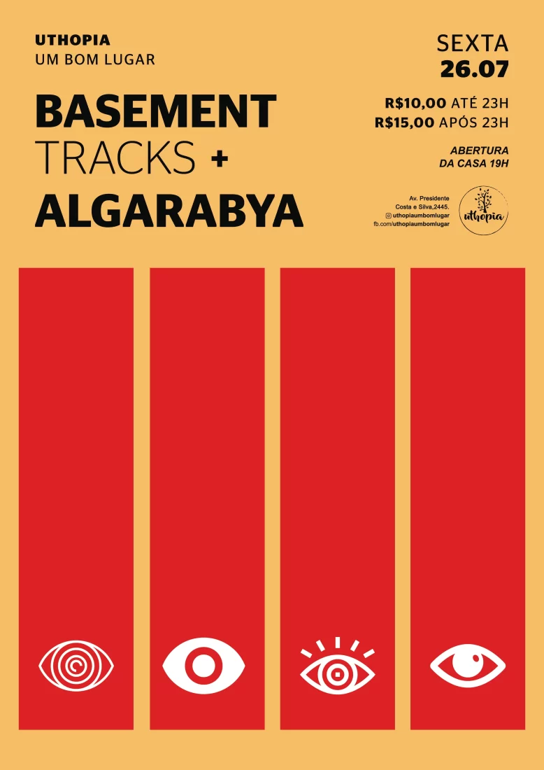 Cartaz amarelo escrito Basement Tracks + Algarabya. 4 tarjas verticais vermelhas com olhos brancos pintados