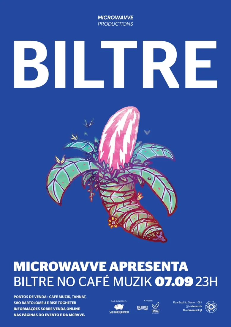 Microwavve Productions: BILTRE. Cartaz azul com ilustração de uma banana esquisita feita pelo artista Daniel Sake.