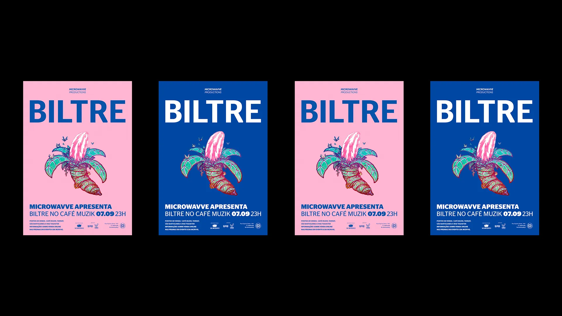 cartazes do show da banda Biltre (Microwavve Productions: BILTRE. Cartaz azul com ilustração de uma banana esquisita feita pelo artista Daniel Sake) alternando, um azul, um rosa, um azul, um rosa