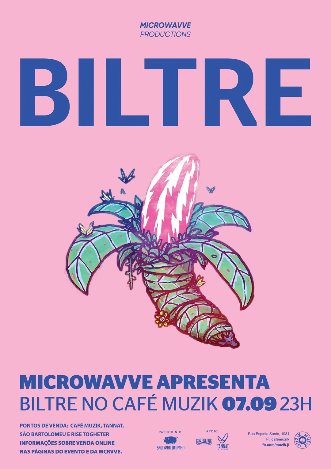 Microwavve Productions: BILTRE. Cartaz rosa com ilustração de uma banana esquisita feita pelo artista Daniel Sake.