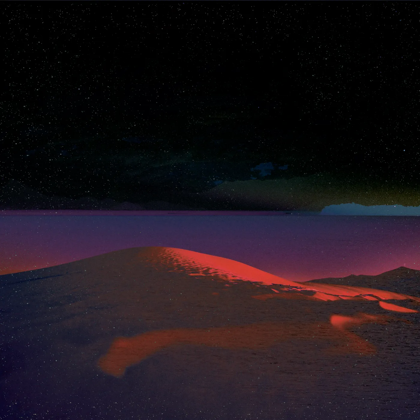 Collage of a desert and a night sky with a purple lighting. Half of the image is a desert the other half is the sky