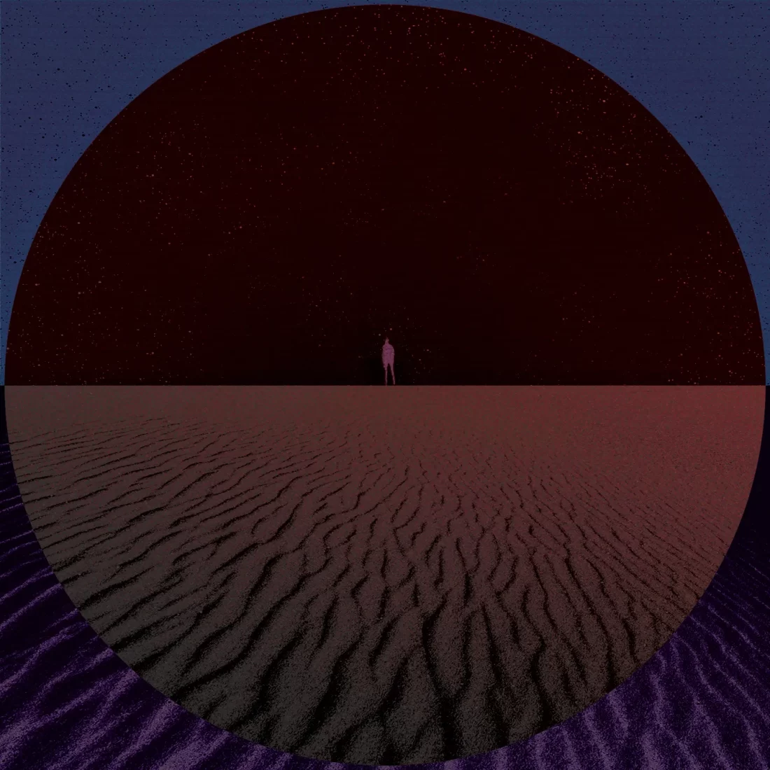 Silhueta de uma pessoa em um deserto com areias roxas. Um círculo grande coloca as imagens dentro dele em negativo