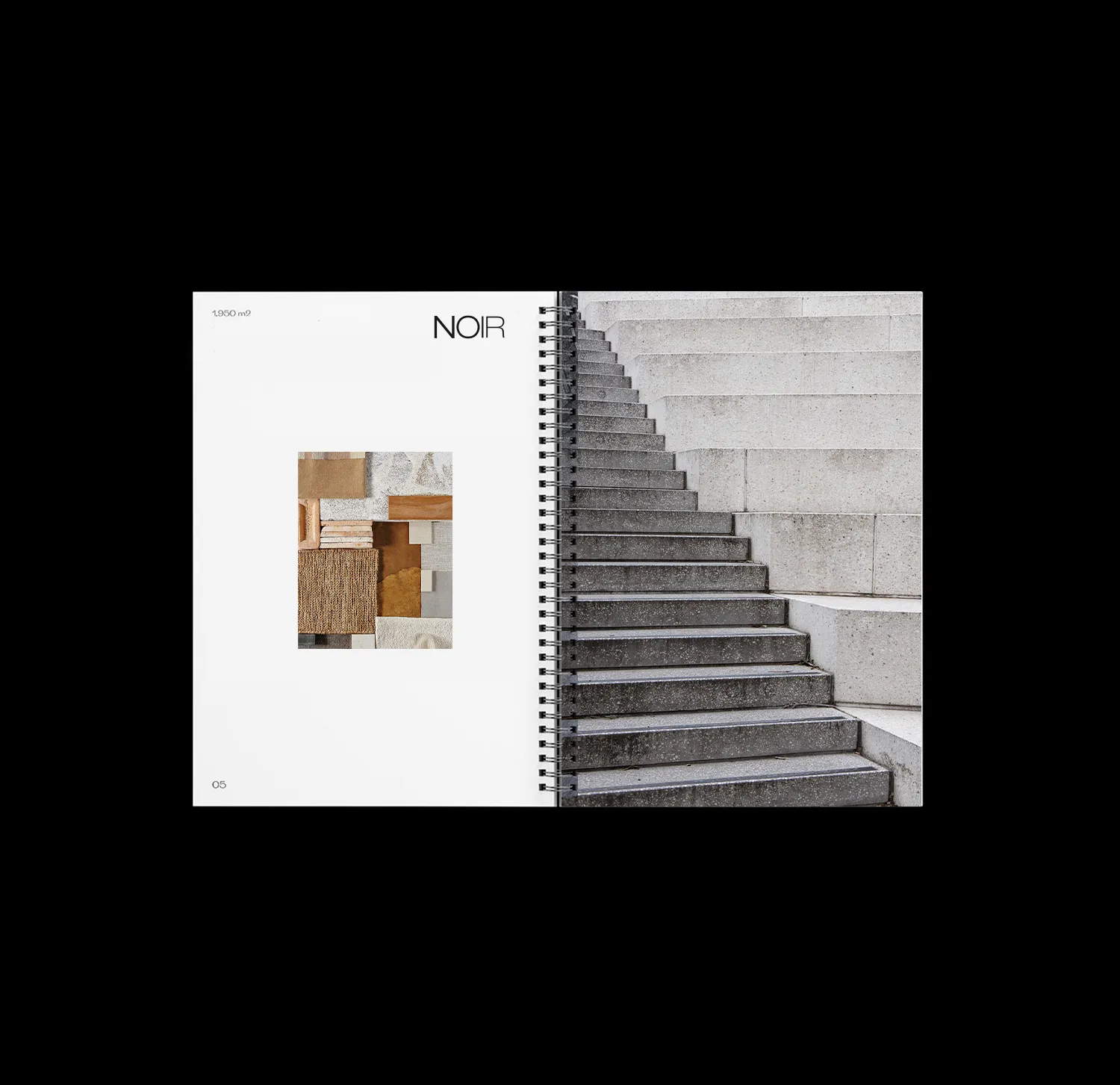 Catálogo com moodboard de arquitetaura de um lado e foto de uma escada do outro sobre fundo preto