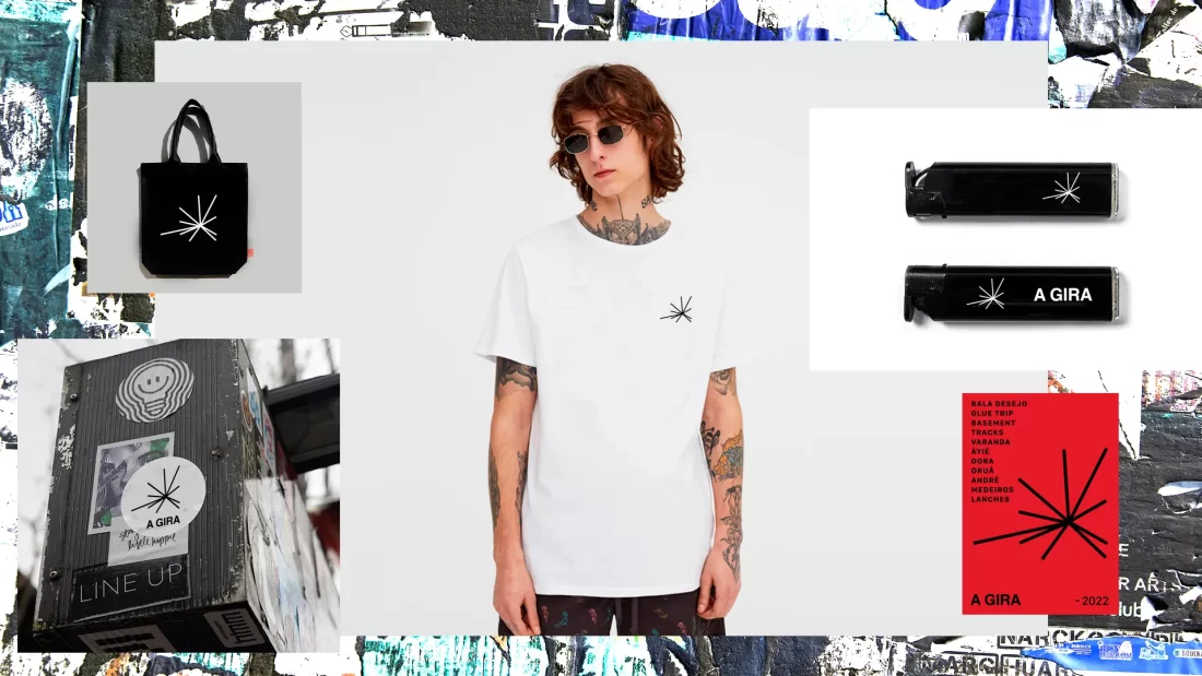 A boy with stylish hair and sunglasses wearing a white t-shirt with the Gira logo on the chest. There are also an ecobag, a lighter and a sticker with the Gira logo on them