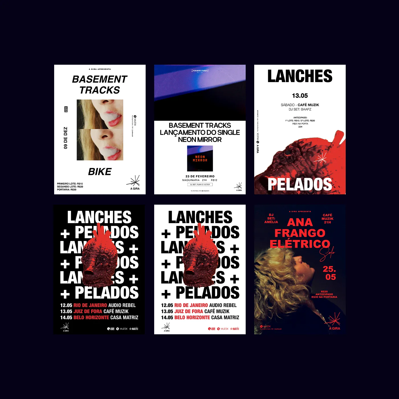 6 gig posters made by A Gira 