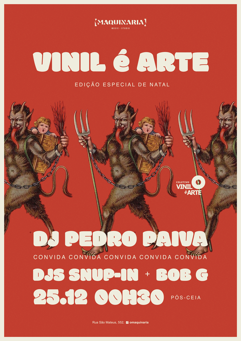 Cartaz vermelho com a figura de um Krampus repetida 3 vezes no meio. Escrito: Vinil é Arte, edição especial de Natal