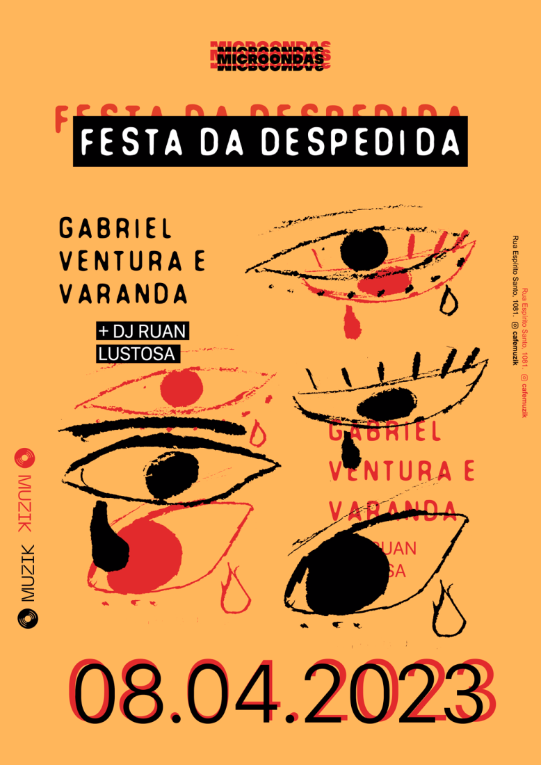 cartaz amarelo com olhos desenhados a mão em preto e outros olhos em vermelho no fundo, dando a impressão de um erro de impressão, uma impressão dupla impressão, impressiona. Cores: amarelo, preto e vermelho
