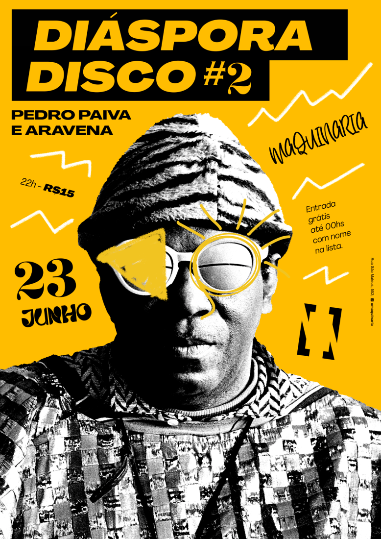 Diaspora Disco #2 Poster – Graphic Design by Rodrigo Baumgratz
Designed for the second edition of Diáspora Disco, this poster announces a music event featuring DJs Pedro Paiva and Aravena, taking place at Maquinaria on June 23rd. With entry at 22h and a ticket price of R$15, the event also offers free admission until midnight for those on the guest list. Rodrigo Baumgratz combines a bold black-and-yellow palette, Afrocentric visual language, and high-contrast photography to evoke a sense of rhythm, identity, and visual urgency. Typographic elements like “DIÁSPORA DISCO #2”, “23 JUNHO”, and “Entrada grátis até 00hs com nome na lista” are integrated with hand-drawn accents and retro-futurist style. Ideal for music branding, cultural graphics, or nightlife campaigns rooted in heritage and energy.  