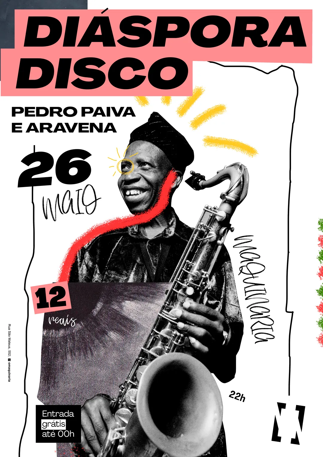 Cartaz branco com colagem de Orlando Julius, famoso saxofonista, segurando seu sax. Escrito: Diáspora Disco