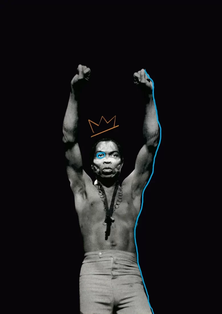 Cartaz preto com imagem do cantor Fela Kuti em preto e branco com os braços pra cima. Escrito Diáspora Disco. Cores branco e rosa.