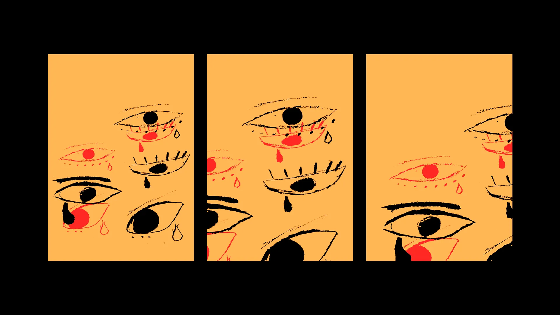 OLHOS pretos e vermelhos em fundo amarelo. 3 quadros amarelos em um fundo preto
