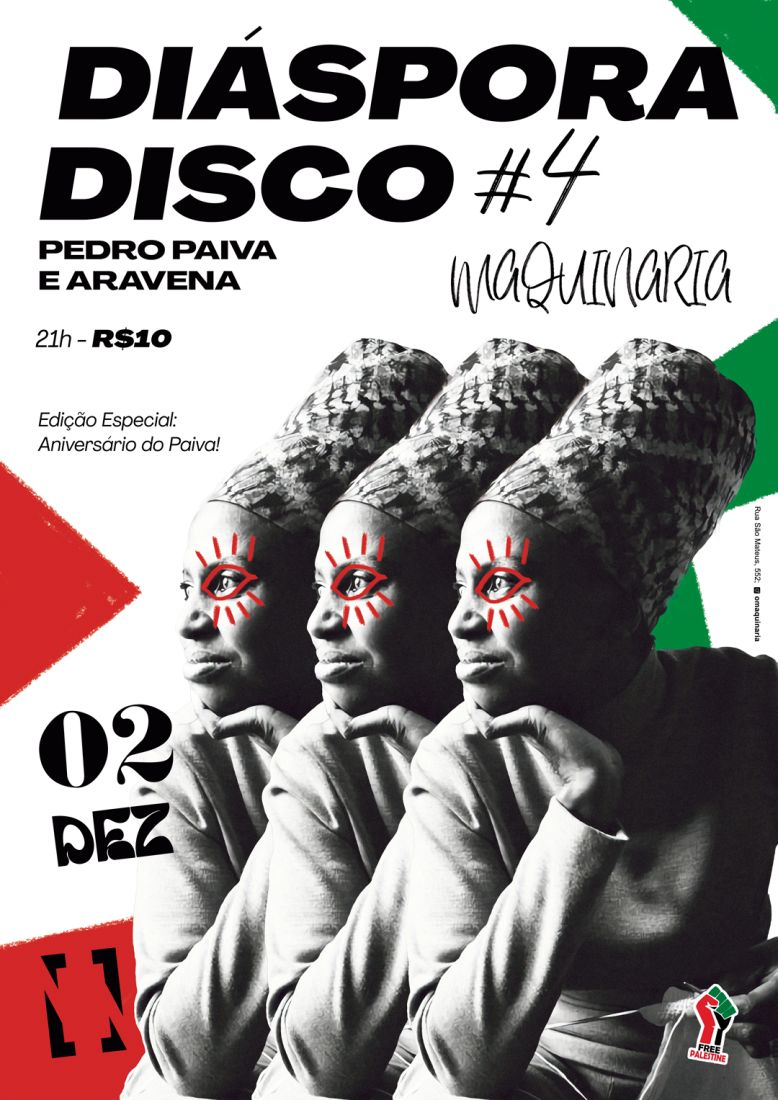 Miriam Makeba and Free Palestine. Print on the palestine flag collors with the image oF Miriam Makeba 3 times and graffiti intervention on her eyes