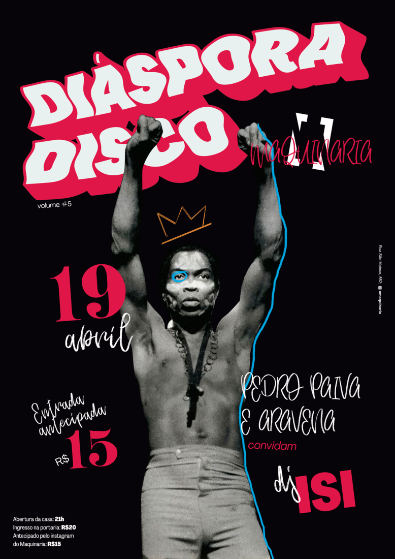 Cartaz preto com imagem do cantor Fela Kuti em preto e branco com os braços pra cima. Escrito Diáspora Disco. Cores branco e rosa.