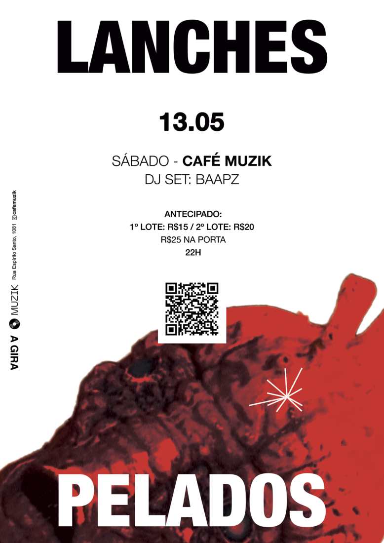 Imagem do monstro de o Almoço Nu de David Cronenberg em vermelho sobre fundo branco onde se lê Lanches 13.05 Pelados e um QR Code