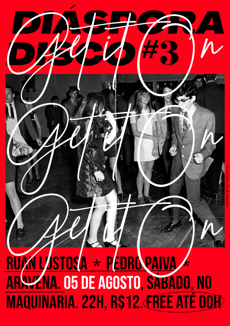 Cartaz vermelho com foto de dois adolescentes dançando mucho. Diáspora Disco #3 escrito e Get it On escrito em branco 3 vezes por cima de tudo.