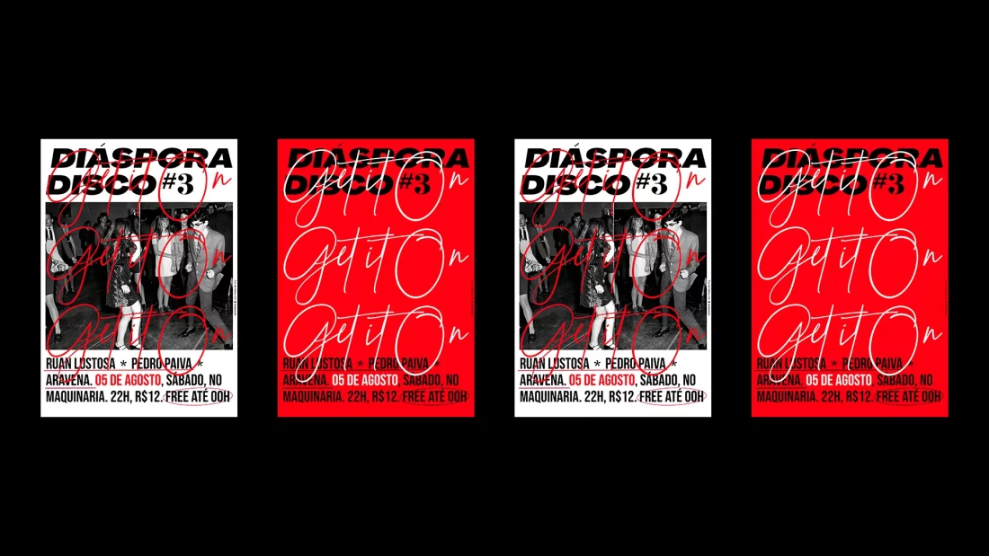 Cartaz vermelho com foto de dois adolescentes dançando mucho. Diáspora Disco #3 escrito e Get it On escrito em branco 3 vezes por cima de tudo.