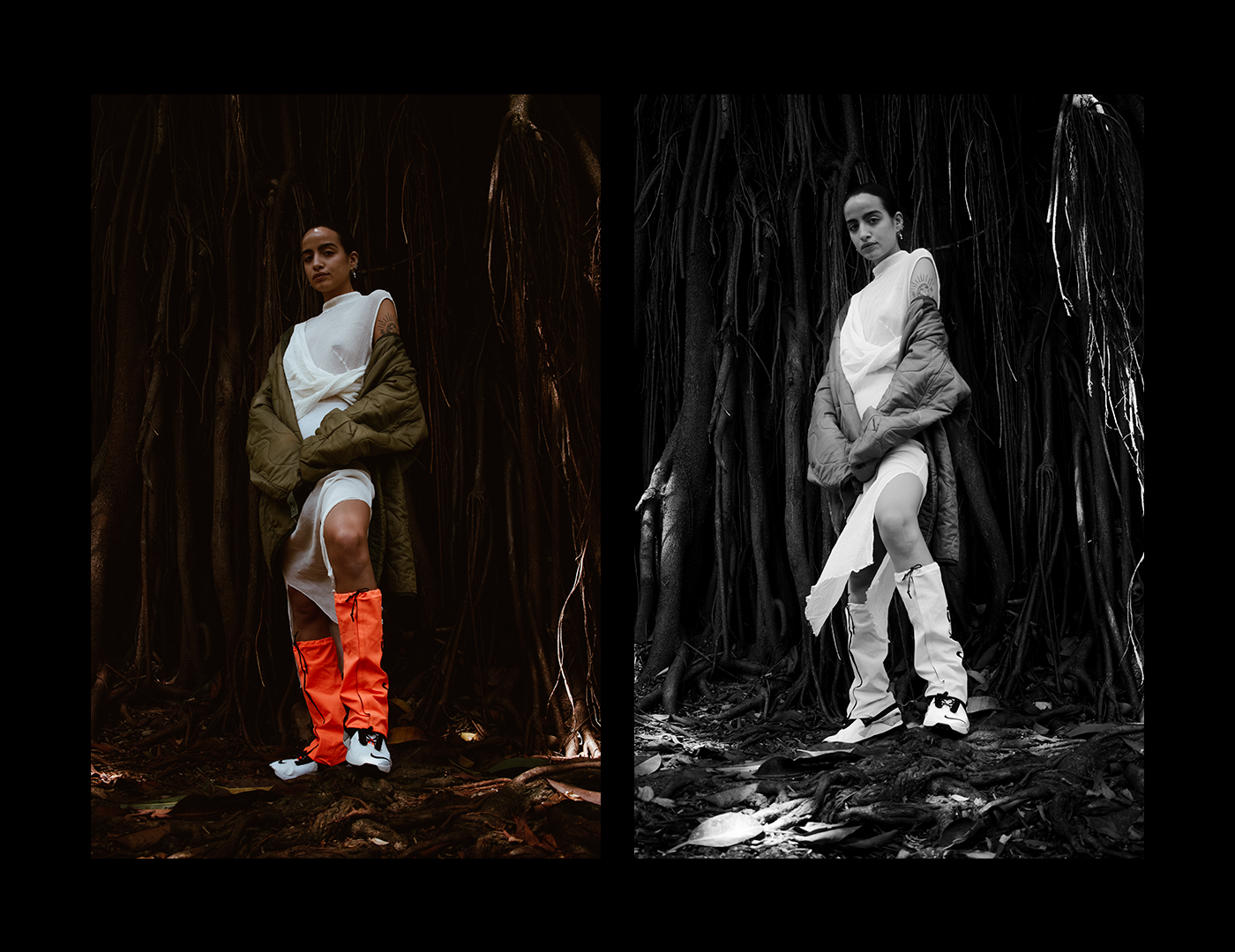 A Woman in the middle of huge roots with a white dress, green jacket and orange leggings