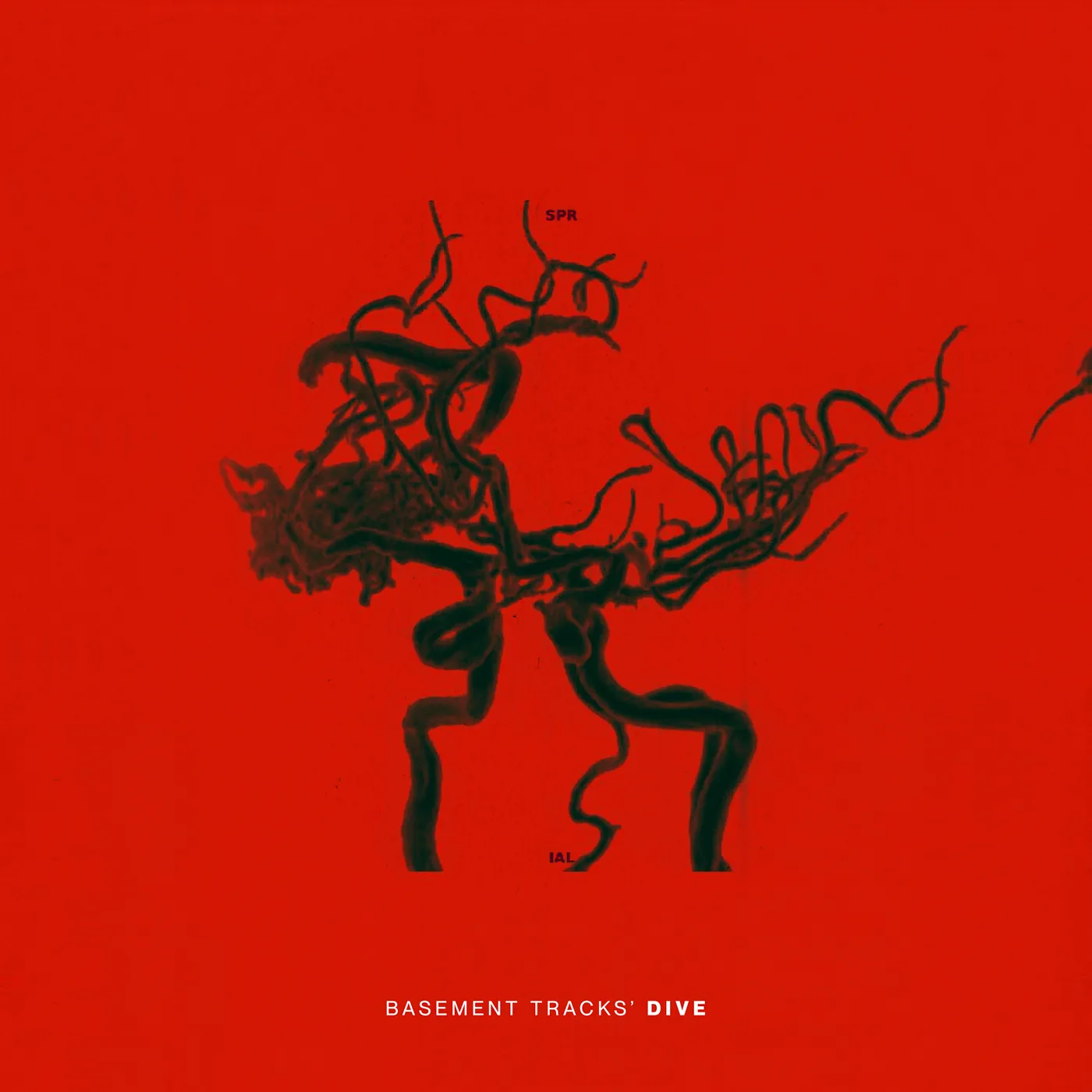 Very red album cover with a black image of victor braing stuff. Writen: Basement Tracks'Dive
