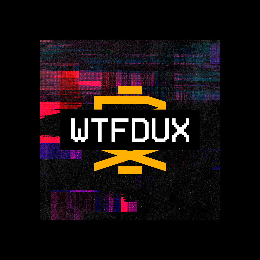 Digital graphic featuring the word ‘WTFDUX’ in pixelated white typography on a black rectangle, overlaid on a glitch-style background with neon magenta, cyan, purple, and red distortion textures. A bold yellow geometric DUX symbol appears above and below the text, creating a symmetrical visual structure. The artwork reflects experimental creative direction, digital aesthetics, and the visual identity of DUX with a strong tech-driven, cyber-influenced style