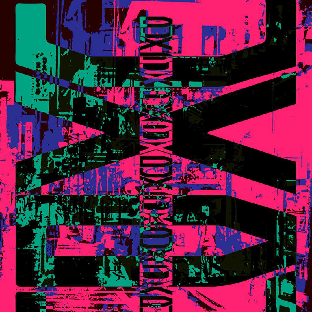 Abstract experimental poster with layered glitch textures and bold geometric typography in neon pink, cyan, green, and deep black. The design features distorted vertical text reading ‘DUX’ amid heavy digital noise, grunge overlays, and fragmented shapes. The artwork explores visual identity, digital aesthetics, and contemporary creative direction for DUX, reflecting a bold, high-energy graphic style