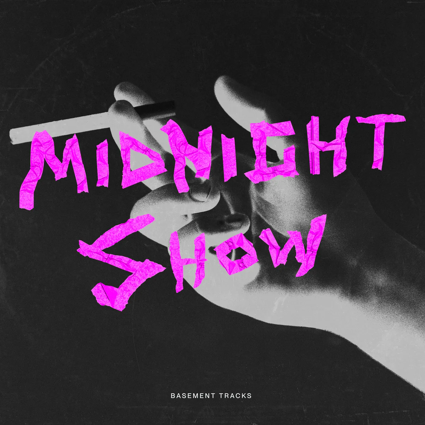 Album Cover Art Design – Midnight Show Visual Concept by Rodrigo Baumgratz This high-contrast black-and-white cover design by Rodrigo Baumgratz features a partially obscured hand holding a cigarette, juxtaposed with bold pink torn-paper typography spelling "Midnight Show". The image evokes a raw, nocturnal atmosphere, blending noir aesthetics with DIY punk influences. Subtitled “Basement Tracks,” the layout suggests an underground music compilation or alternative project. Perfect for portfolios in graphic design, music visuals, or editorial branding, this cover exemplifies tension, subculture reference, and visual storytelling through minimal elements.