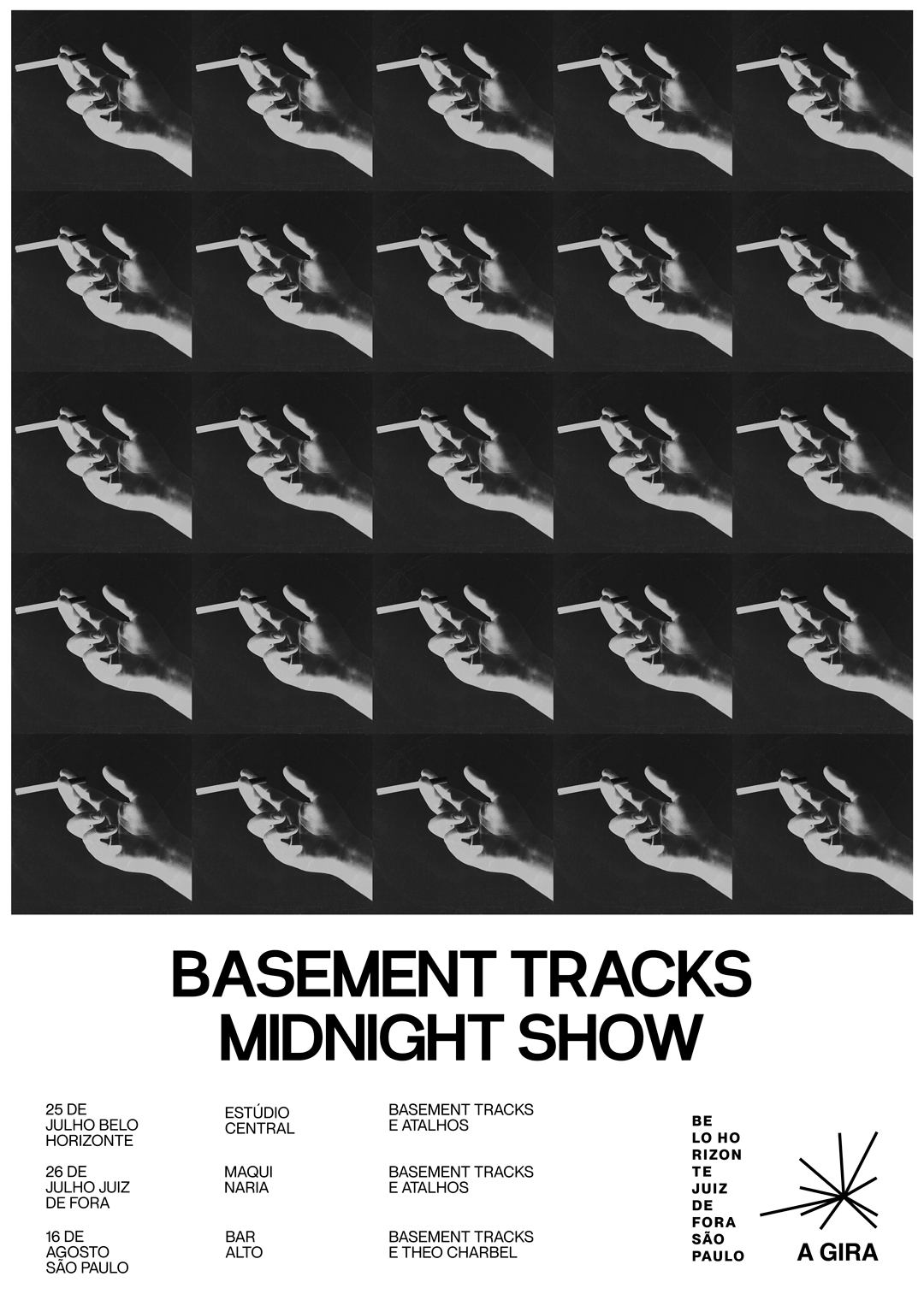 Basement Tracks – Midnight Show Poster Design by Rodrigo Baumgratz This bold tour poster designed by Rodrigo Baumgratz for Basement Tracks – Midnight Show combines raw minimalism with experimental typography. The repeated black-and-white hand holding a cigarette creates a hypnotic Warhol-like grid, broken by sharp pink lettering that disrupts the order with punk energy. The design embraces influences from David Carson and Basquiat, balancing chaos and structure in equal measure. Perfect for portfolios that showcase creative direction, music poster design, or contemporary gig aesthetics.