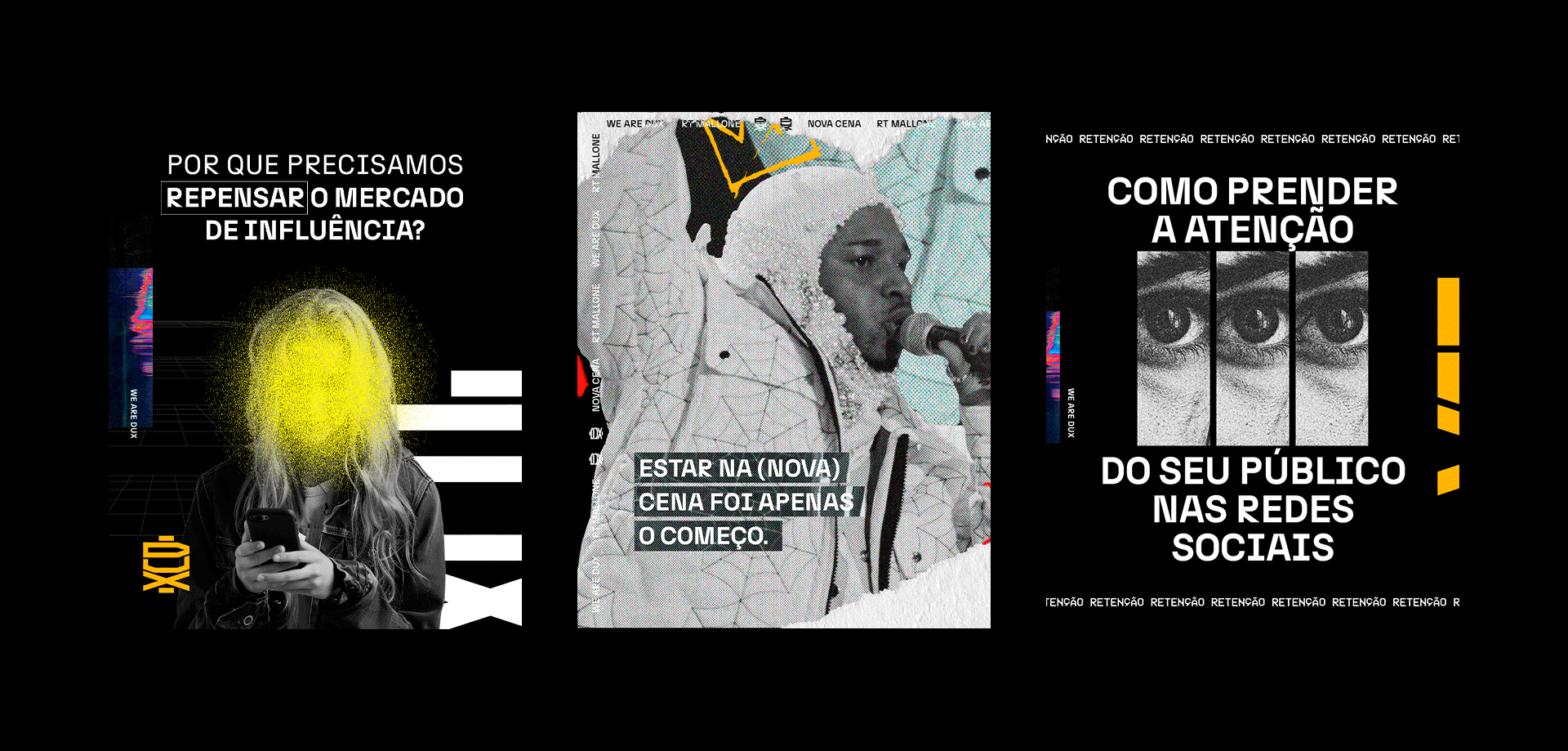 Experimental graphic design created by a creative director, exploring trends in digital communication and branding. The piece addresses topics such as influence in the market, audience retention on social media, and the role of visual aesthetics in building contemporary narratives