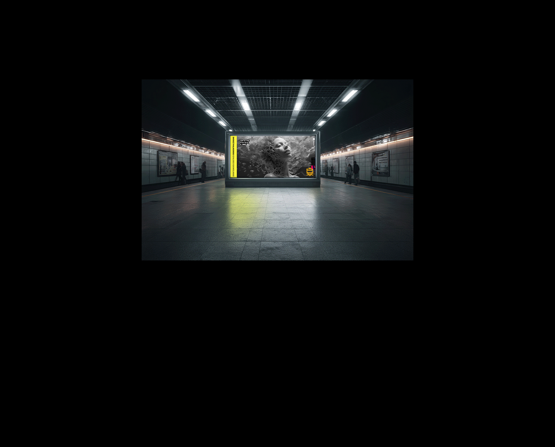 Creative advertising poster displayed in a modern subway station, featuring a black and white conceptual portrait with bold yellow graphic accents — part of a branding and visual identity campaign by creative director specializing in art direction and visual storytelling