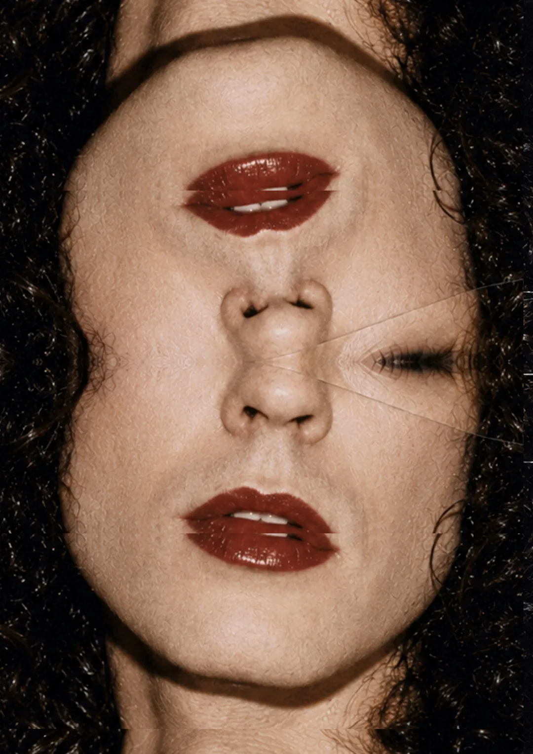 Experimental collage studies created for a Get It On poster, exploring fragmented portraiture, repetition and visual distortion within a creative director portfolio. Keywords creative director portfolio, experimental collage, art direction, graphic design, poster design, visual experimentation, mixed media, fragmented portraiture, editorial design. Surreal portrait collage with duplicated lips, inverted facial features and cut-and-paste distortion, created as an experimental graphic design study for a creative director portfolio.