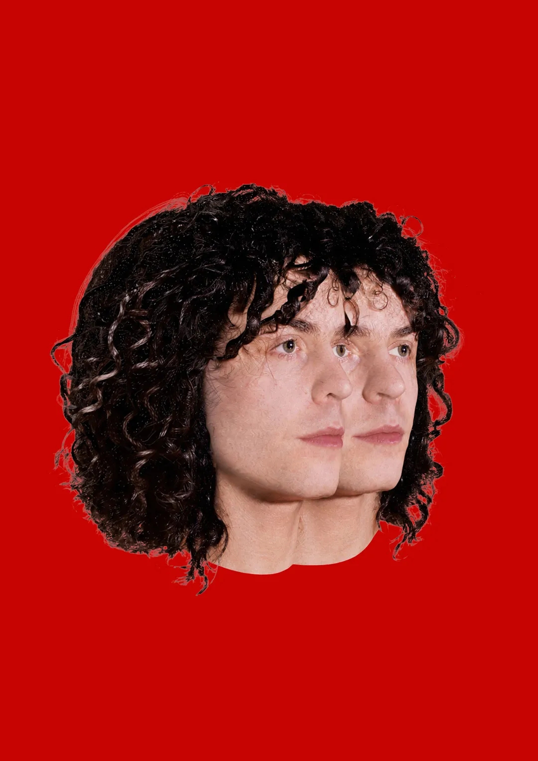 Experimental portrait collage featuring a duplicated male face with dark curly hair against a bold red background. Part of a creative director portfolio exploring surreal portraiture, image manipulation, art direction, and contemporary graphic design