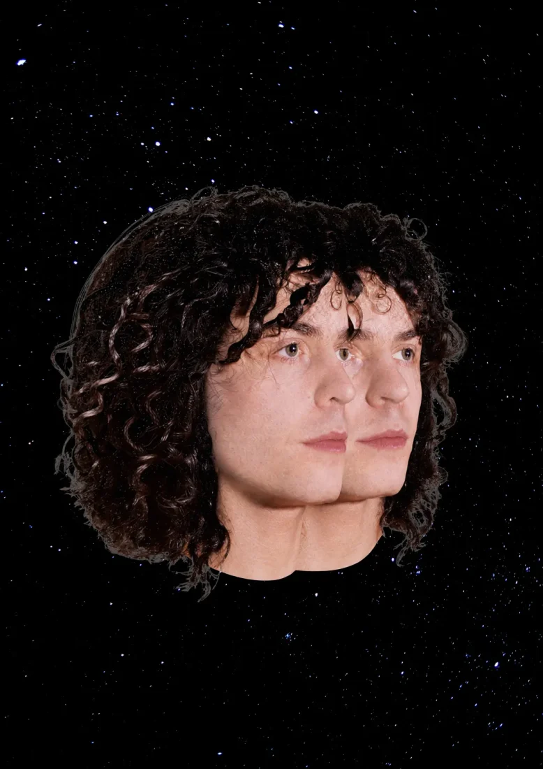 Experimental portrait collage featuring a duplicated male face with dark curly hair against a bold red background. Part of a creative director portfolio exploring surreal portraiture, image manipulation, art direction, and contemporary graphic design