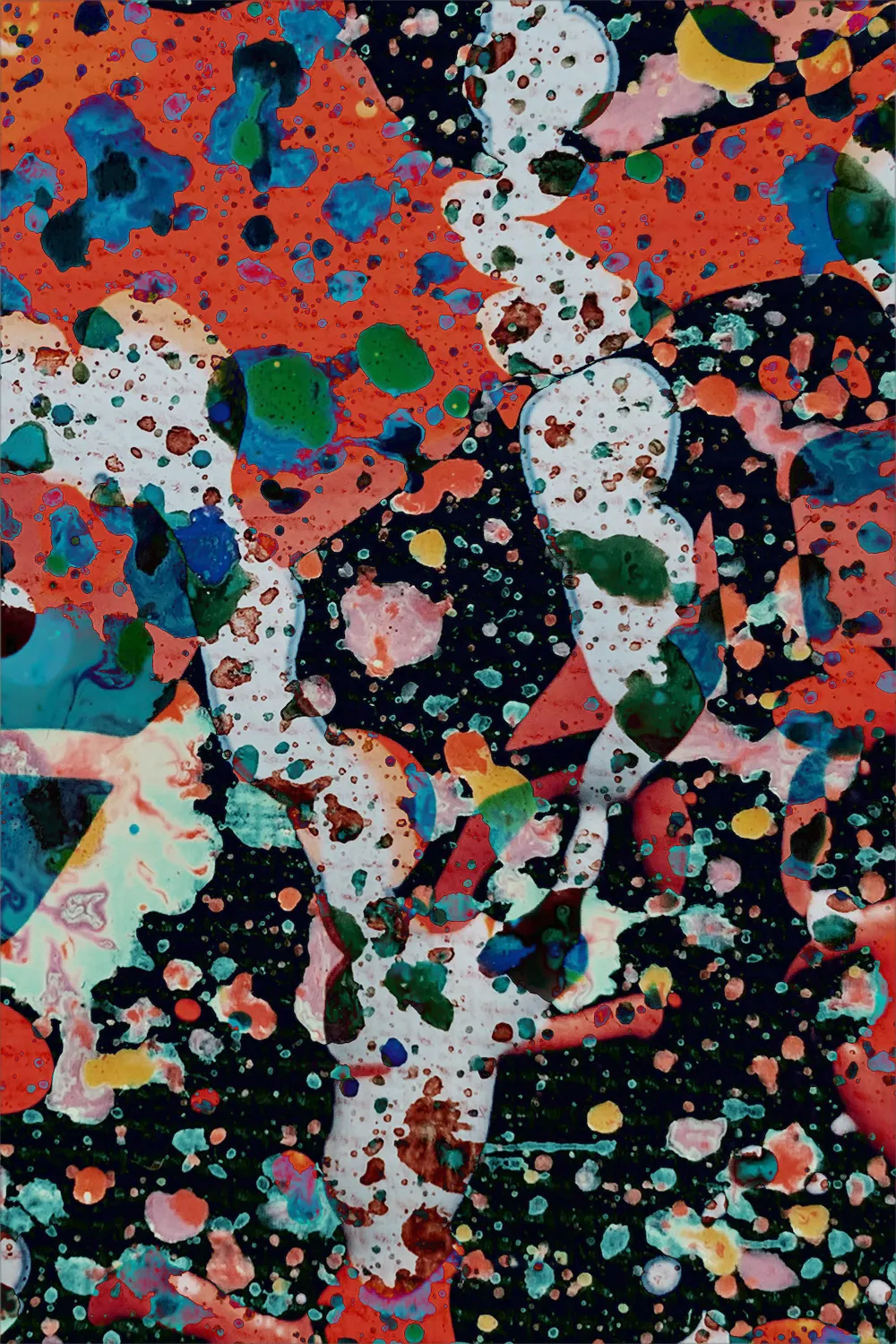 Experimental abstract artwork combining organic textures, paint-like splashes and fragmented forms in red, blue, green, pink and black. A mixed-media visual study exploring color, layering, chaos and contemporary graphic experimentation.