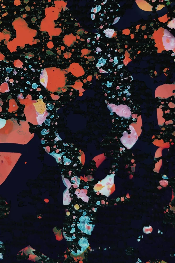Dark experimental abstract artwork featuring fragmented organic textures, paint splashes and irregular shapes in coral, cyan, pink and deep blue. A contemporary visual experiment exploring negative space, erosion, texture and mixed-media graphic design.