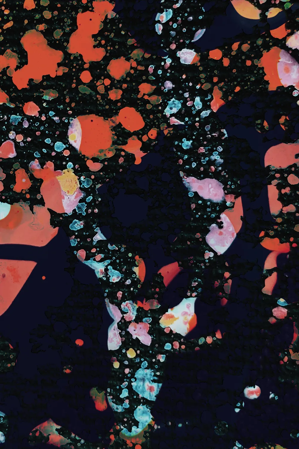 Dark experimental abstract artwork featuring fragmented organic textures, paint splashes and irregular shapes in coral, cyan, pink and deep blue. A contemporary visual experiment exploring negative space, erosion, texture and mixed-media graphic design.