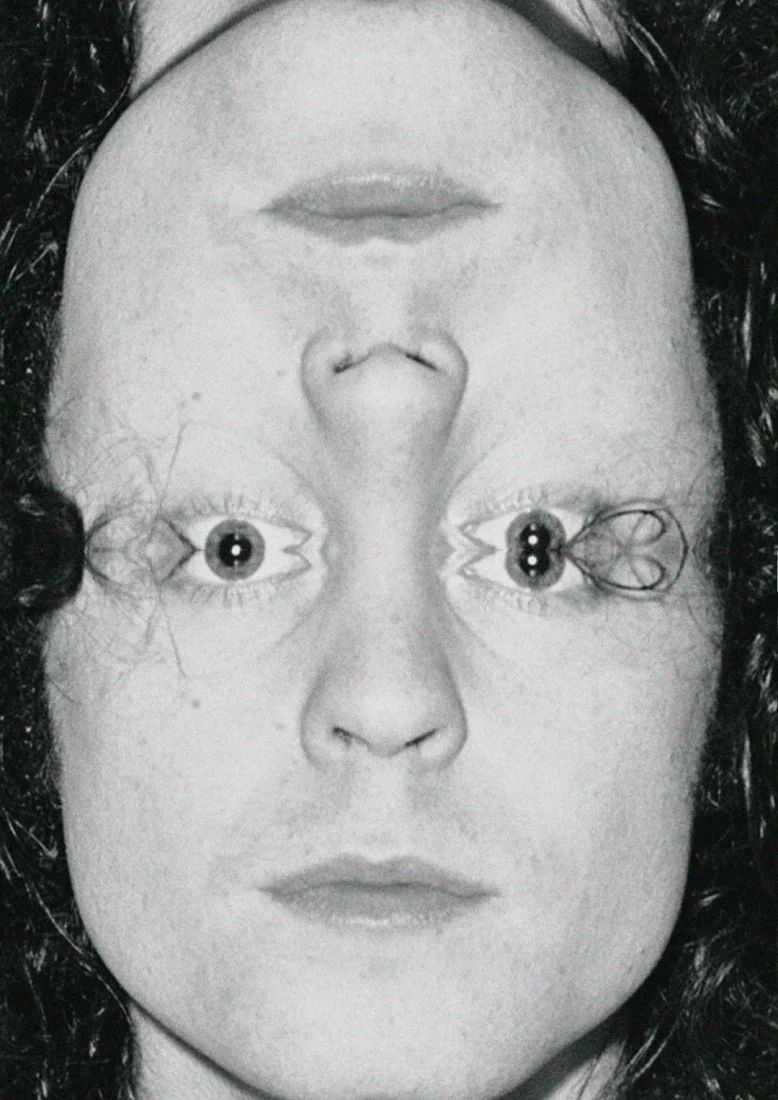 Black and white surreal portrait inspired by the Trifacial Trinity tradition, combining three inverted and overlapping faces into a single composition. An experimental collage exploring religious iconography, repetition and visual distortion