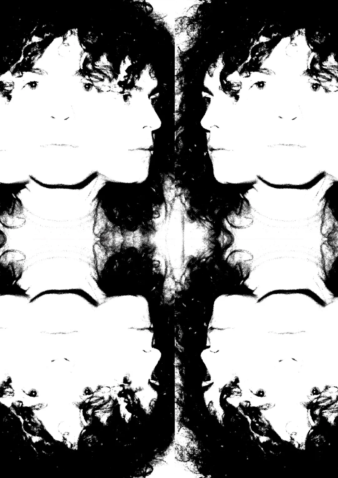 High-contrast black and white experimental portrait inspired by the historical Trifacial Trinity, using repeated faces, symmetry and fragmentation to explore identity through contemporary collage and art direction