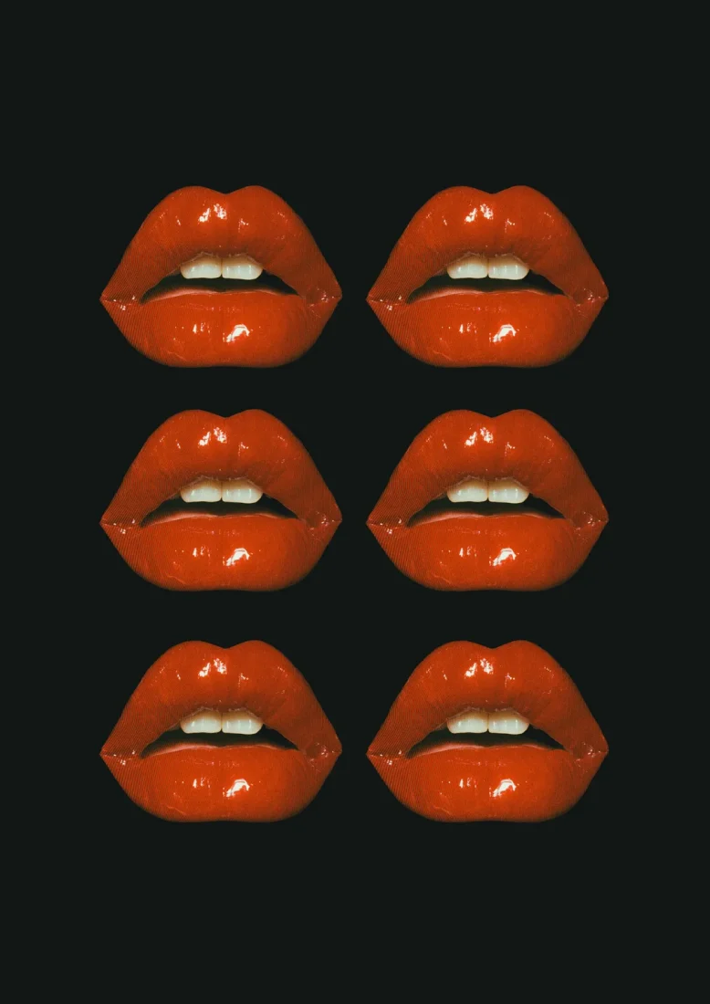 Experimental visual artwork featuring six repeated glossy red lips isolated against a dark background. A study of artificial beauty, erotic imagery, repetition and visual desire through highly polished surfaces and contemporary graphic design.