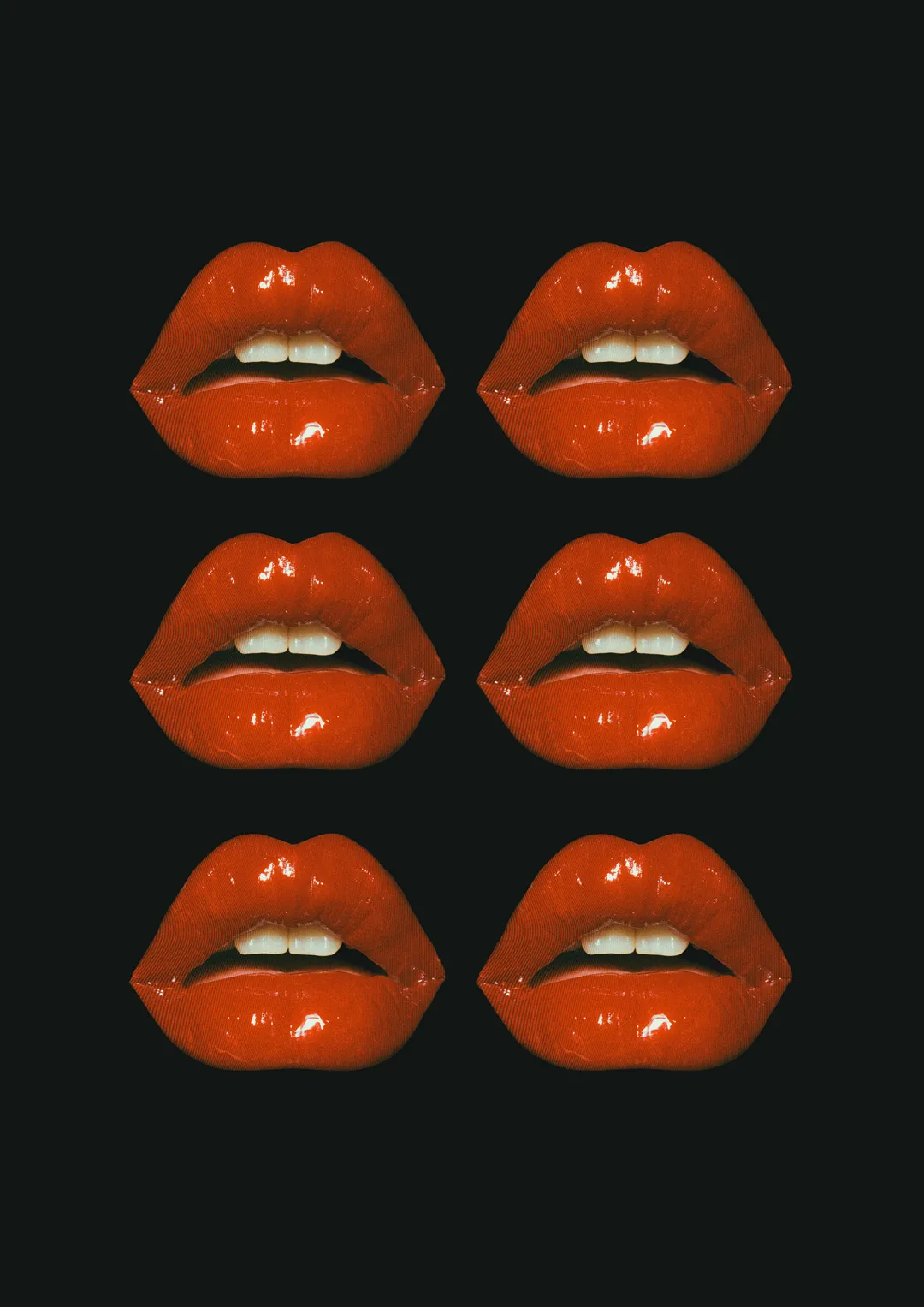 Experimental visual artwork featuring six repeated glossy red lips isolated against a dark background. A study of artificial beauty, erotic imagery, repetition and visual desire through highly polished surfaces and contemporary graphic design.